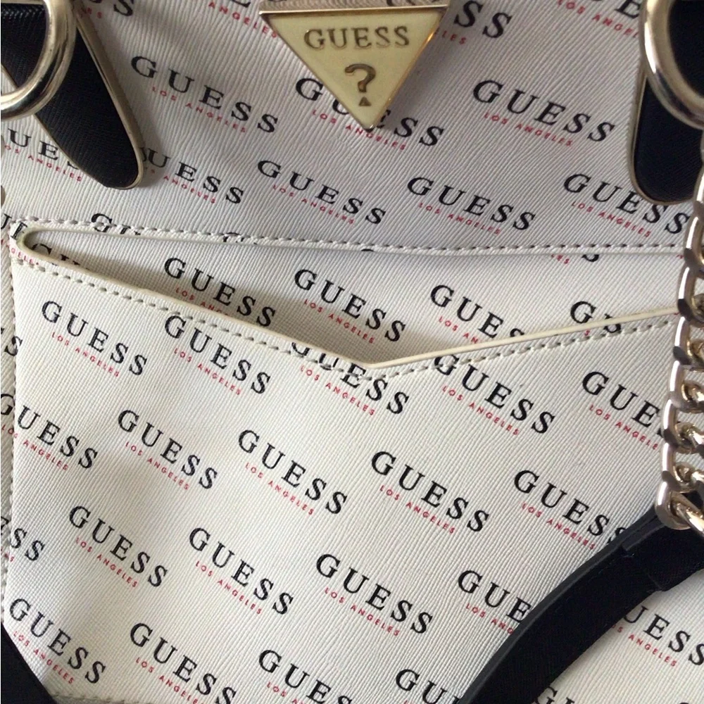 GUESS Logo Print Cream and Black Tote - Picture 4 of 8